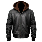 Winter Black Bomber Hooded Biker Pure Cowhide Leather Jacket For Men